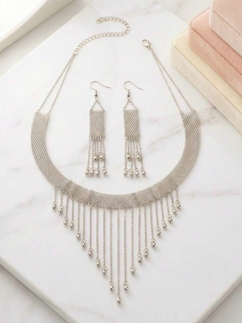 Silver Fringe Choker Necklace with Matching Earrings - Women's Jewelry - Picture 3 of 4
